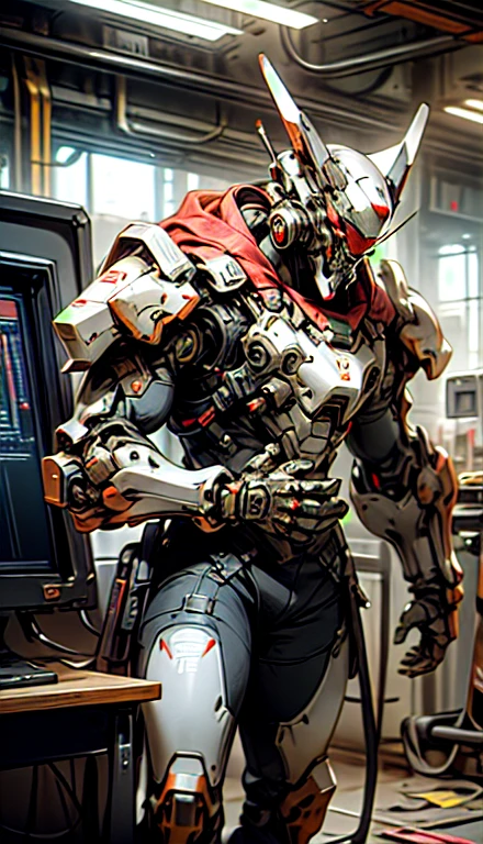 Change armor appearance to red,Rusty environment, detailed, Practical, concept art, Unreal Engine 5, structure, Science Fiction, Ray Tracing, Computer graphics and image processing, Perfect visual effects,