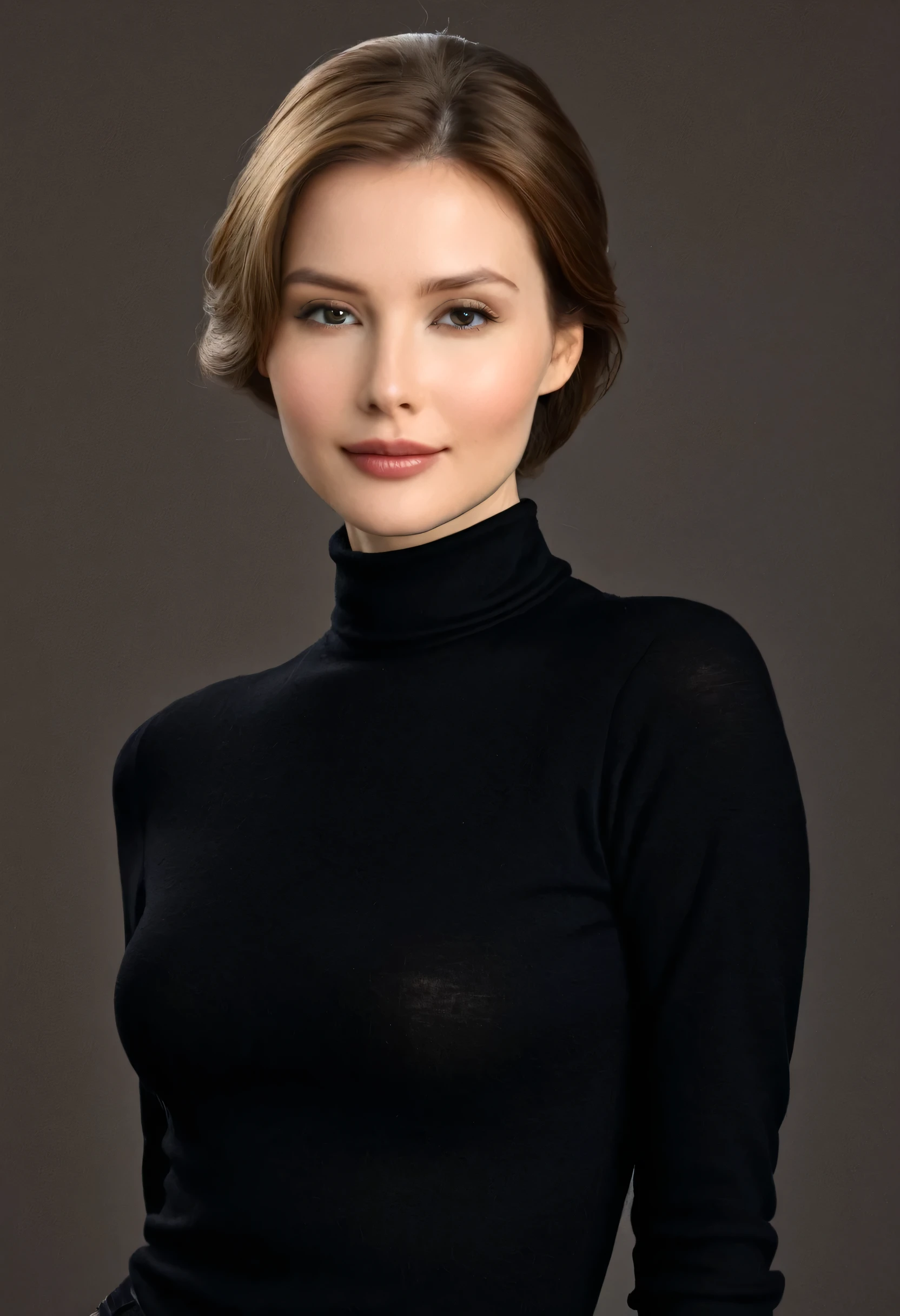 a white american woman model with fair skin and light brown hair. She is wearing a black high-necked shirt, made of wool, providing a sense of comfort and elegance. The image will be framed from the waist up, highlighting the model's face and shoulders. Her expression is serene and confident, with a soft smile, conveying a sense of calmness and determination. The background of the image can be neutral to emphasize the model and her attire. This depiction captures the beauty and sophistication of the model, offering a striking and memorable presence.