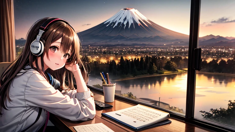 Lo-Fi Research, girl, write, ~ ~ side, 日本人のgirl, Brown Hair, Medium Long Hair, Headphones, Summer clothes, window, mount fuji background, summer night