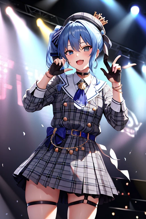 masterpiece, Best Quality, High resolution, sui1, One girl, only, Side Ponytail, hoshimachi suisei, Fingerless gloves, Single knee socks, gem, Individual socks, Thigh straps, bracelet, Blue socks, button, at knee height, Checked dress, Blue choker, Blue Belt, Checkered Skirt, Mini Crown, Grey Skirt, Ascot Azur, Long sleeve, Plaid jacket, Cowboy Shot, On Stage, Clamp Microphone, They're laughing,