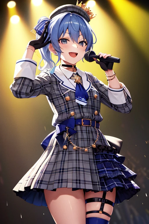 masterpiece, Best Quality, High resolution, sui1, One girl, only, Side Ponytail, hoshimachi suisei, Fingerless gloves, Single knee socks, gem, Individual socks, Thigh straps, bracelet, Blue socks, button, at knee height, Checked dress, Blue choker, Blue Belt, Checkered Skirt, Mini Crown, Grey Skirt, Ascot Azur, Long sleeve, Plaid jacket, Cowboy Shot, On Stage, Clamp Microphone, They're laughing,
