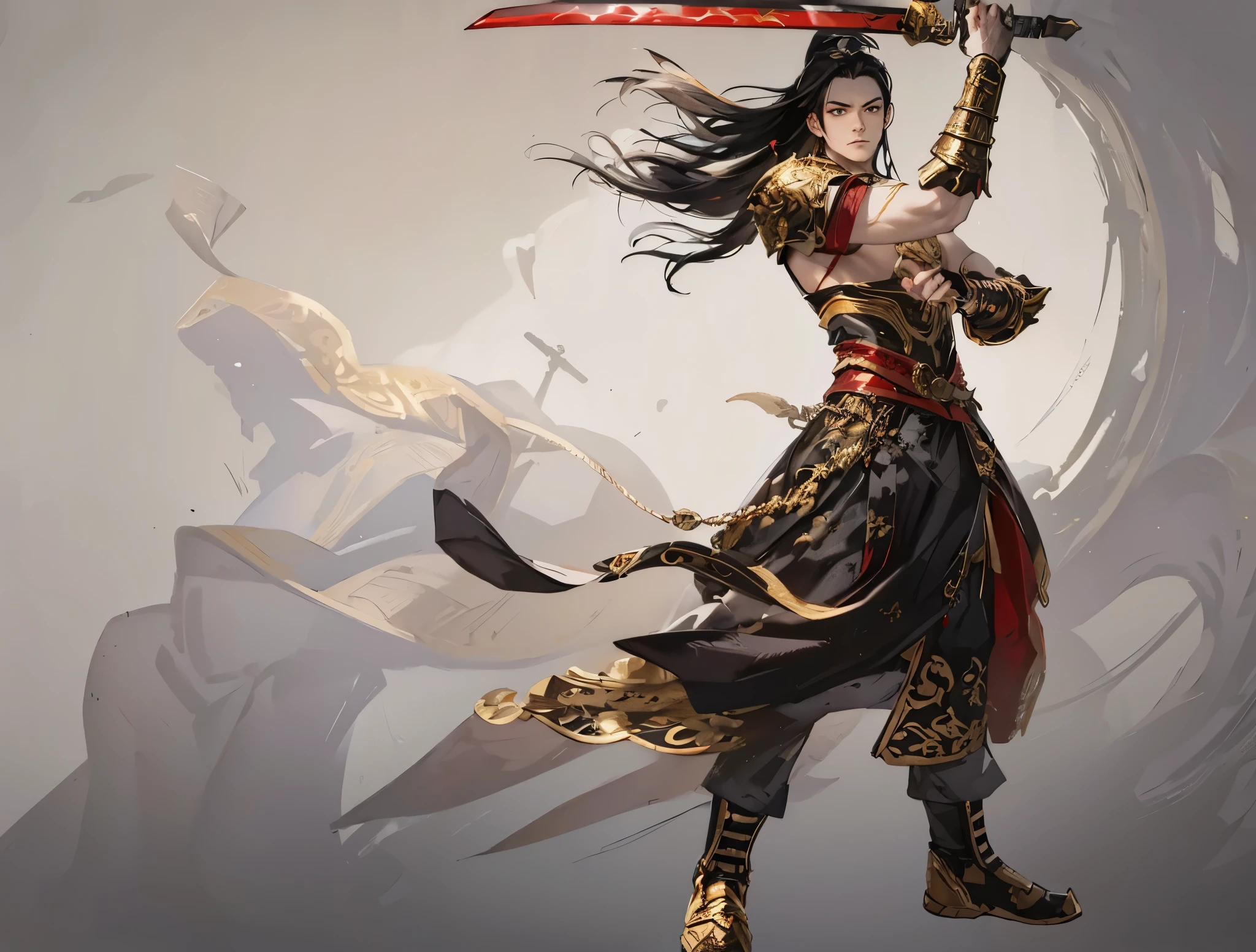 male，warrior，Golden Armor，Gold clothes，Red belt，Red handle silver sword，Black hair，Three Kingdoms，warrior，Gray background，White background