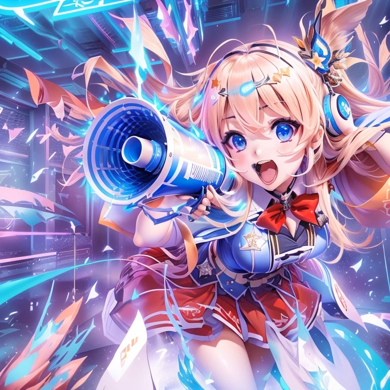 Holding a megaphone、Woman on blue background, splash art anime , From the Azur Lane video game, ayaka genshin impact, anime! 4k yen, anime! 4K, ayaka game genshin impact, best anime 4K konachan wallpaper, Epic light novel art cover, detailed key anime art, Vivid RPG Portraits、Camel Toe、Giant tit、Nipple Puffs、Cleavage、Plump、Super big breasts、Super big butt