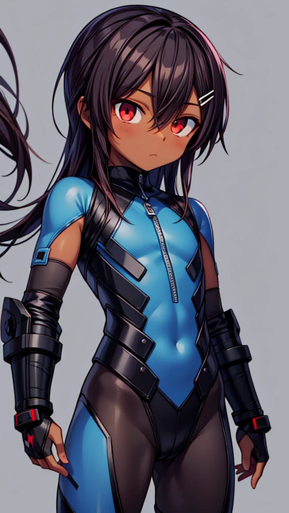 Masterpiece High res, high definition, (((dark skin tone))),dark skin male, dark skin, cute shota,red eyes, black hairpin, brown hair, long dark brown hair,meechs_musame, cyber wear,wearing a black exoskeleton, detached sleeves, black Gauntlets,  black bodysuit,black exoskeleton ninja suit, black fingerless gloves, blue accents, 
