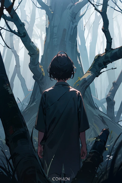 Paisaje nocturno, forest with dark trees surrounding a  who has his back turned, con su cabello rubio cenizo hasta sus hombros 