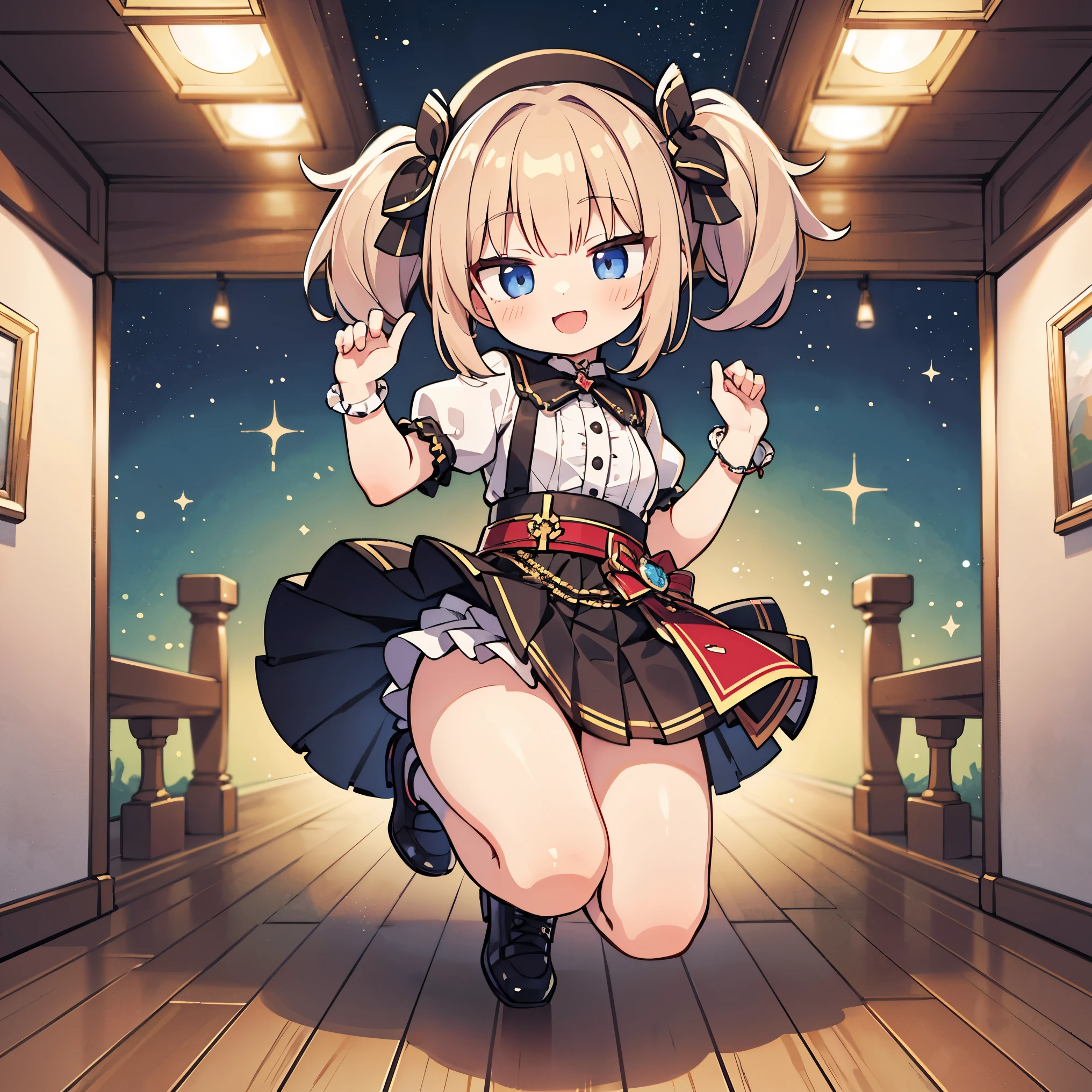 (Little:1.5), ((Absurd, High resolution, Super detailed, High resolution, masterpiece, highest quality, Very nice 8K CG wallpaper)), 1 girl, alone, :is, Ahogie, bangs, whole body, Jump, Jumping, Beautiful fine details, Medium Hair, Twin tails, Eyebrows visible through hair, Wearing a fantasy idol costume, (Ruffled skirt), 18-year-old, View your viewers, smile