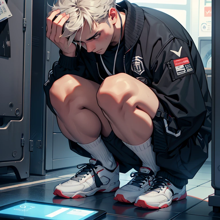 sad man hiding it's face with it's knees inside a phone with bad texts because of cyberbullying