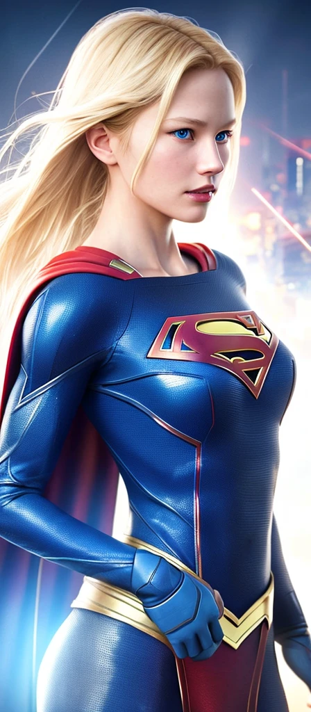Supergirl, best quality, film, official art, sandy desert, natural advertising art, film wallpaper, very detailed 4k CG uniform with intricate details, white background, upper body focus, concept art making, high resolution, (realistic, photorealistic: 1.2), physically based rendering, mechanics and reflection, cyberpunk theme, symmetry front view close-up avatar, award-winning mask painting with sharp realistic focus, wick effect illumination, thin yet fair-skinned heroine with a delicate face, long blonde hair, blue eyes, Superman symbol "S" on chest gleaming with a soft glow, battlefield scene with a high-tech chip and gl