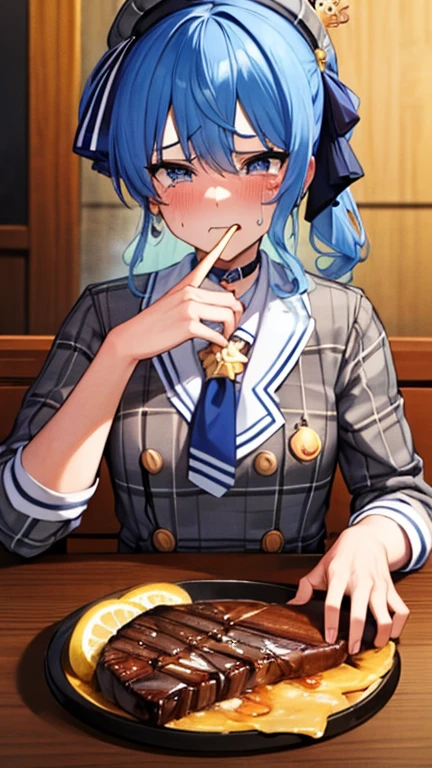 (Steak on a plate) ,(Cum on steak) ,(Sprinkle on steak),flat chest,8k,highest quality,masterpiece, highest quality, High resolution, Side Ponytail, hoshimachi suisei,flat ,flat breasts,(flat chest),thin , skinny , (((( Hold the fork )))) , (((( Cum on steak, facial)))), Disgust, ((( Are crying ))), Tears ,throw ,Perfect Fingers,Annoyed face, Heavy breathing,