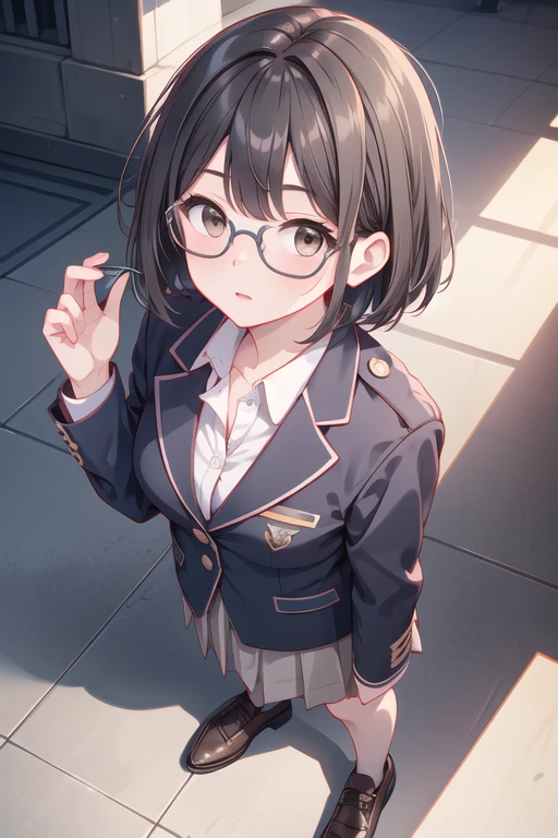 Solo Girl, High angle, front, 16 years old, Black-rimmed glasses, Grab your glasses, View your viewers, Looking up, Black Hair, Short Hair, Brown eyes, Mid-chest, Wearing a uniform, Wearing a blazer, Wearing leather shoes, highest quality, High resolution, Very detailed, Detailed Background, Perfect lighting