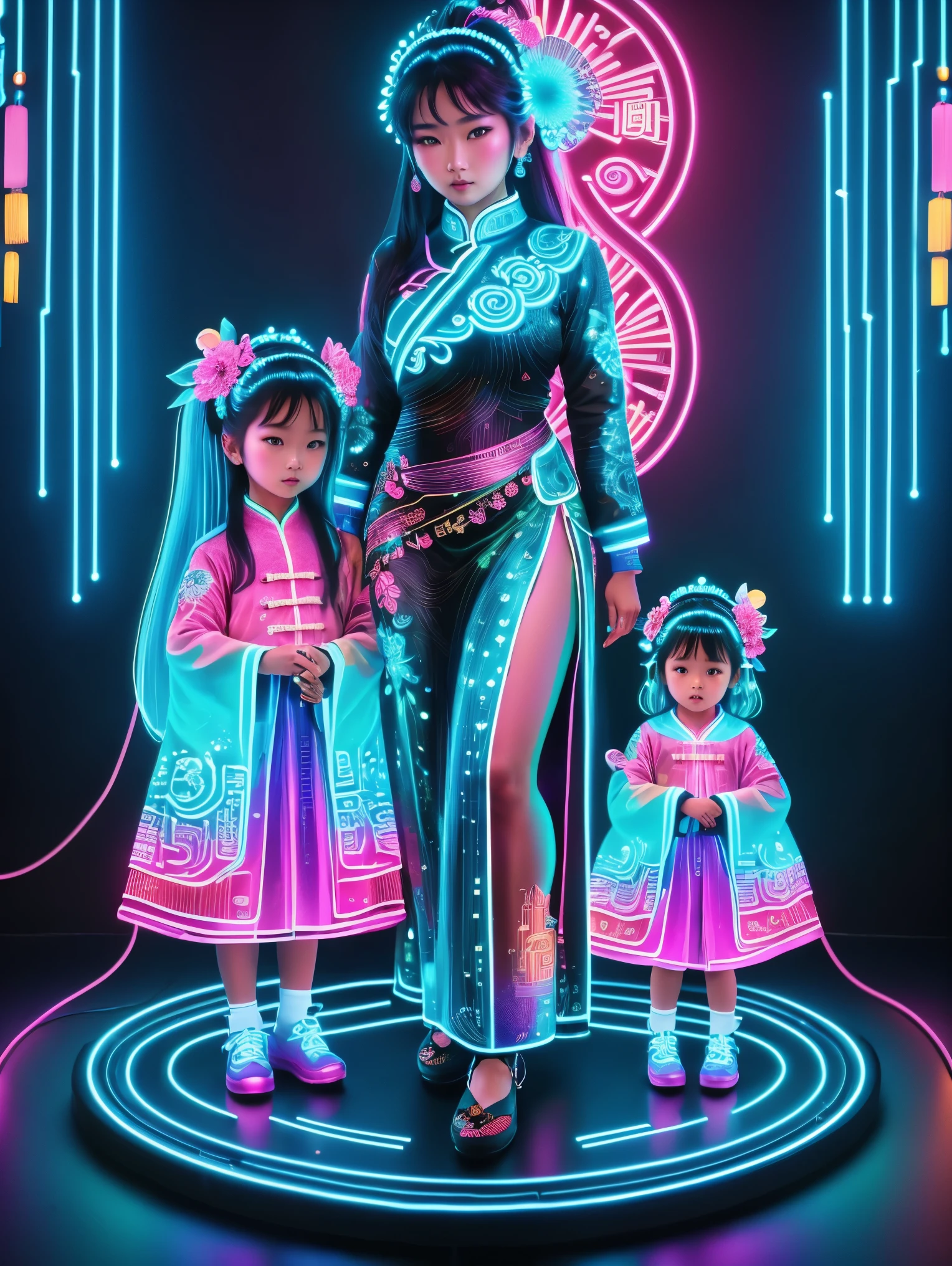 (Neon)，Circuit Board，Neon gradient light blue，Turquoise and purple artwork，(Full body rainbow image of a little princess and her mom)，(The background is black)，Chinese style，Fine lines，Clear lines，bold vibrant colours，Realistic form，shadow，perspective，(Ultra HD, masterpiece, precise, Anatomically correct, textured skin, High Detail, high quality, The award-winning, 8k), Super detailed, (1.4 times more realism)