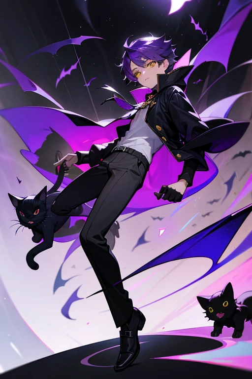 12 year old boy, violet hair, yellow eyes, full body, bat jacket, Eyeball Lance, Summoner, Feline Familiar, Black Cat & Bat summons, 