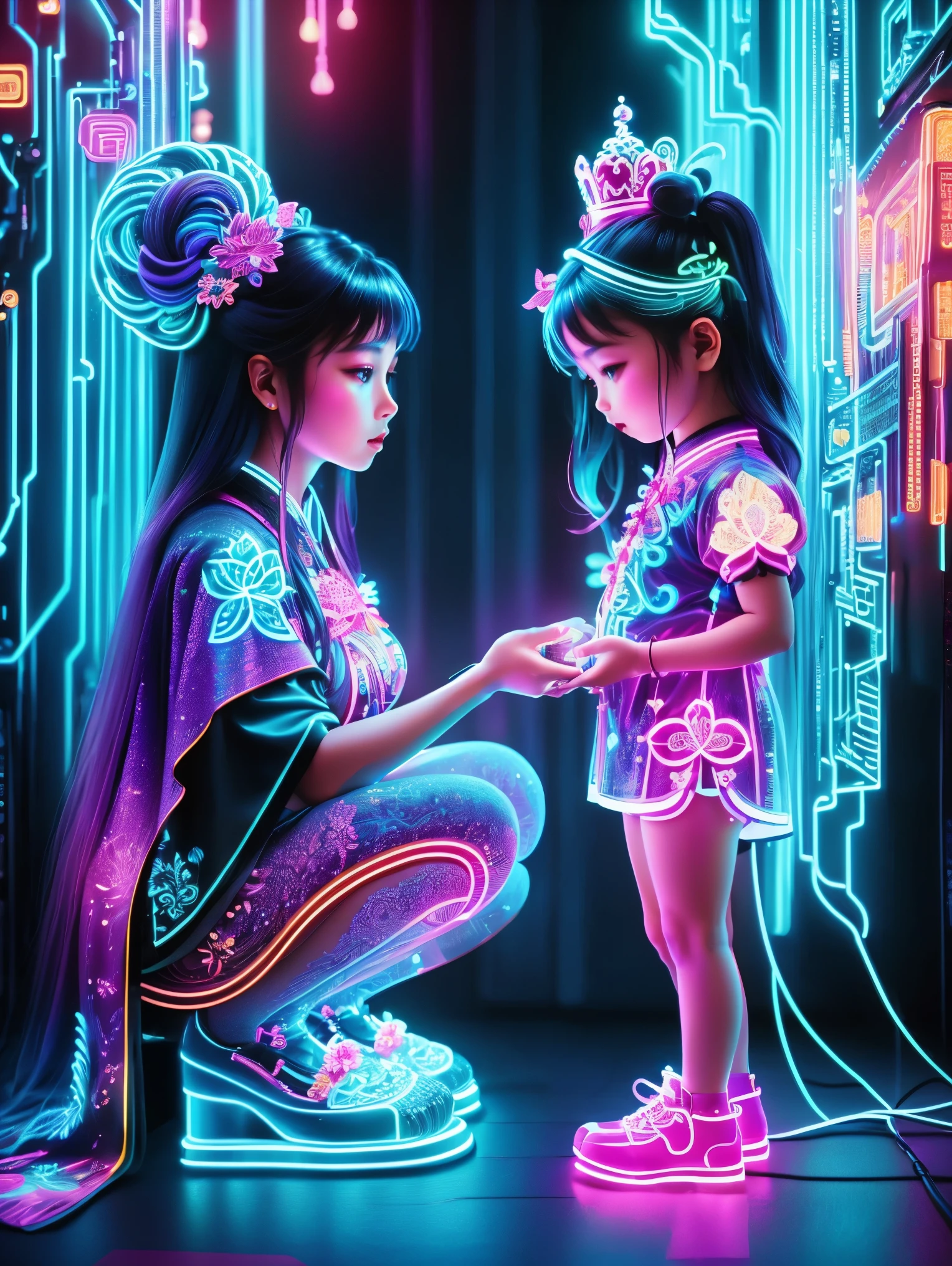 (Neon)，Circuit Board，Neon gradient light blue，Turquoise and purple artwork，(Full body rainbow image of a little princess and her mom)，(The background is black)，Chinese style，Fine lines，Clear lines，bold vibrant colours，Realistic form，shadow，perspective，(Ultra HD, masterpiece, precise, Anatomically correct, textured skin, High Detail, high quality, The award-winning, 8k), Super detailed, (1.4 times more realism)