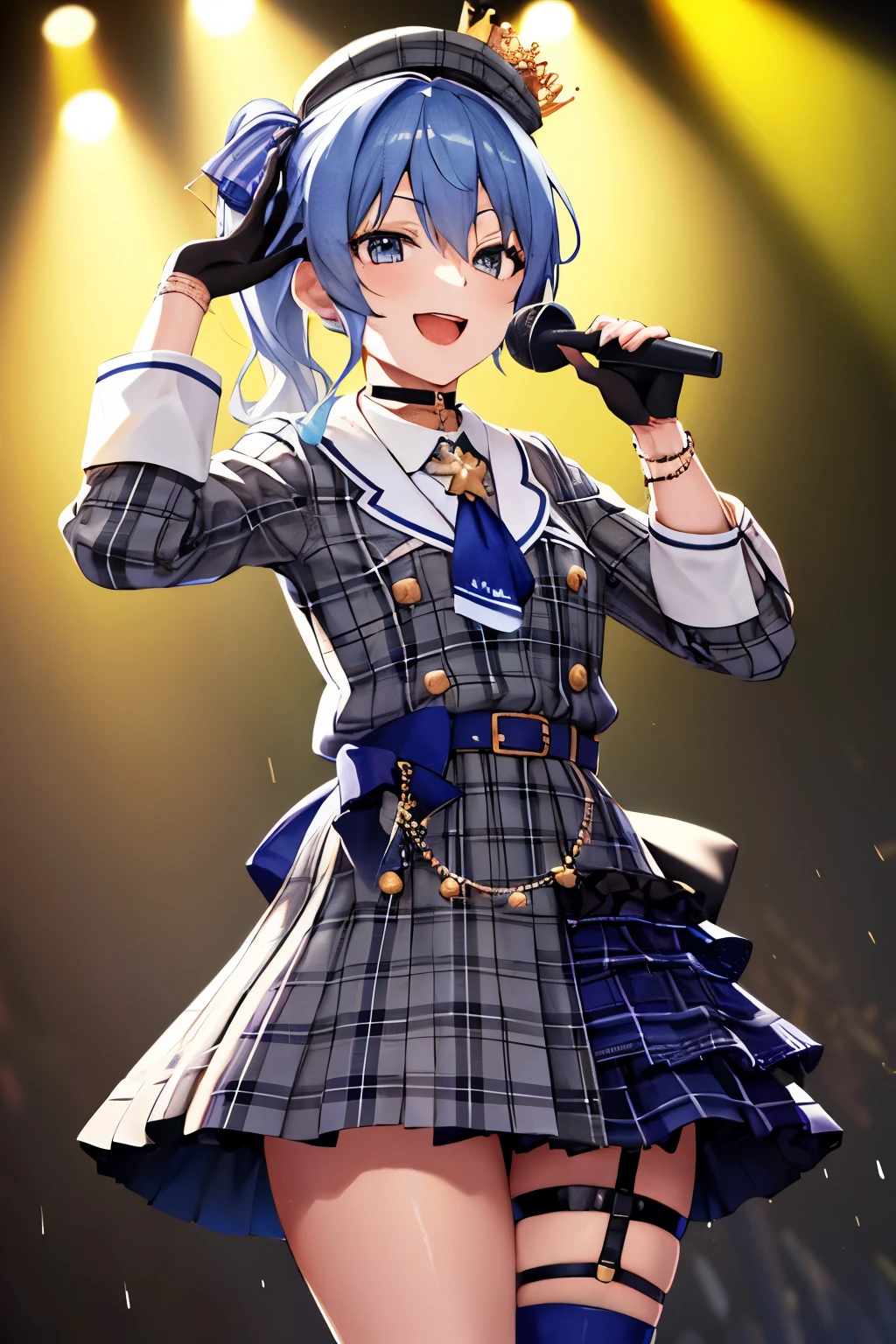 masterpiece, Best Quality, High resolution, sui1, One girl, only, Side Ponytail, hoshimachi suisei, Fingerless gloves, Single knee socks, gem, Individual socks, Thigh straps, bracelet, Blue socks, button, at knee height, Checked dress, Blue choker, Blue Belt, Checkered Skirt, Mini Crown, Grey Skirt, Ascot Azur, Long sleeve, Plaid jacket, Cowboy Shot, On Stage, Clamp Microphone, They're laughing,