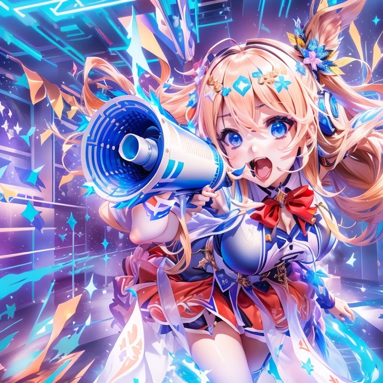 Holding a megaphone、Woman on blue background, splash art anime , From the Azur Lane video game, ayaka genshin impact, anime! 4k yen, anime! 4K, ayaka game genshin impact, best anime 4K konachan wallpaper, Epic light novel art cover, detailed key anime art, Vivid RPG Portraits、Camel Toe、Giant tit、Nipple Puffs、Cleavage、Plump、Super big breasts、Super big butt