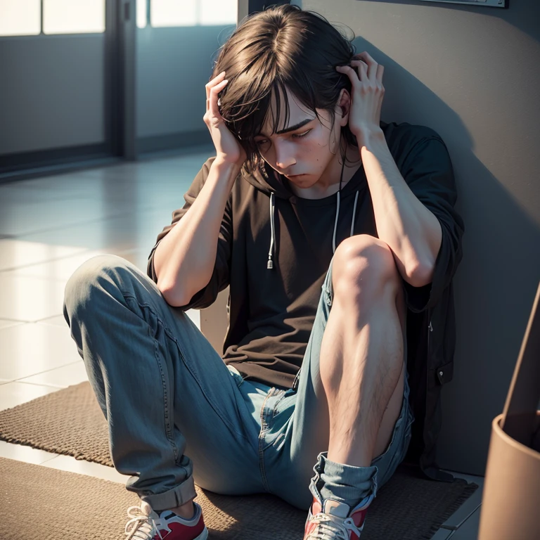 sad man hiding it's face with it's knees inside a phone full of bad texts a victim of cyberbullying