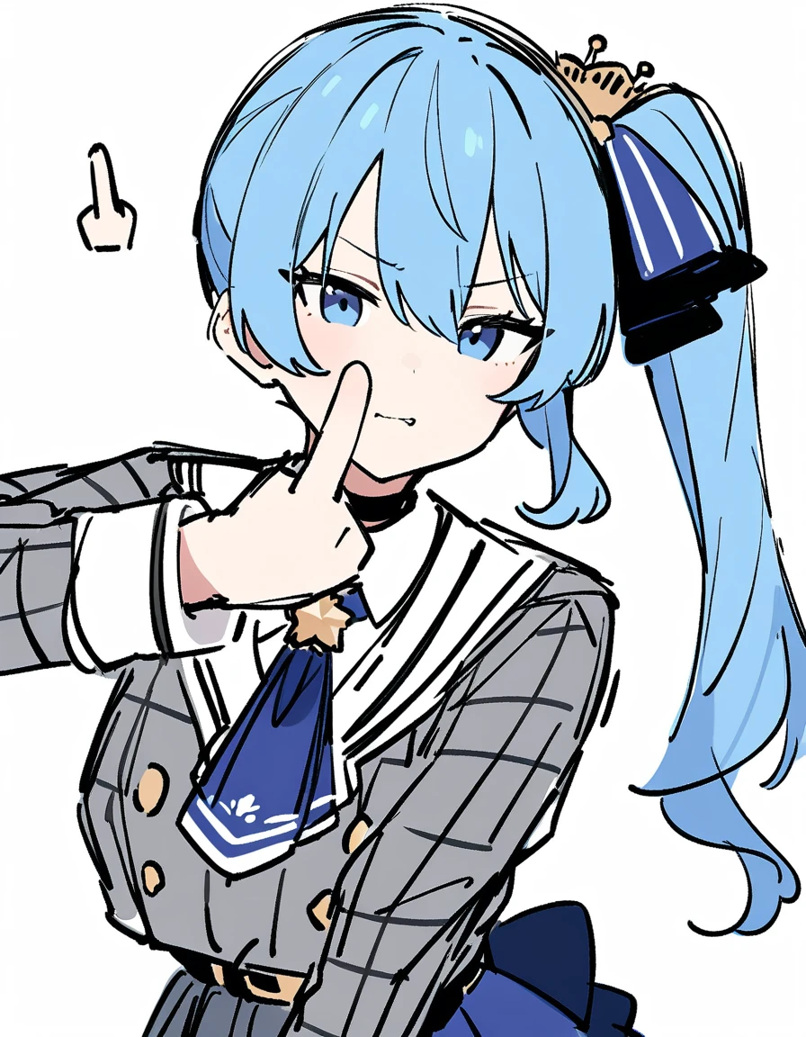 One girl, alone, hoshimachi suisei \(First outfit\), sketch,
Middle finger, Side Ponytail,
White Background,
masterpiece, highest quality, so beautiful, Absurd,