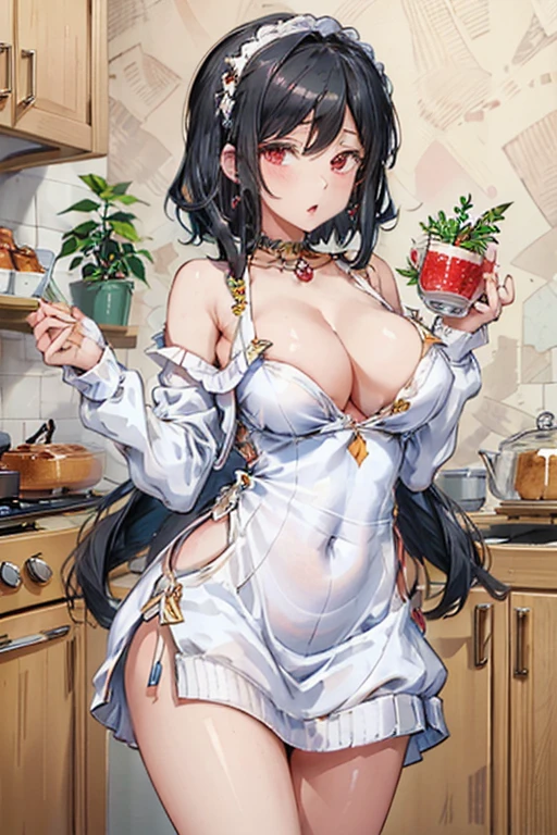 masterpiece, yor, 1girl, Amazing Cleavage:1.3, thin waist, big ass, Raised sexy, medium breast: 1.8 posed cleavage:1.2、solo, looking at viewer, open mouth, have a cup of coffee,black hair, red eyes, dress, bare shoulders, jewelry, collarbone, sidelocks, hairband, earrings, indoors, off shoulder, :o, sweater, arms behind back, plant, short hair with long locks, white hairband, off-shoulder dress, sweater dress, off-shoulder sweater, red sweater, big side hair, very long side hair,is rendered in (masterpiece: 1.2, best quality), with (ultra high resolution) and an exquisite (depth of field). This masterpiece is not only visually stunning but also tells, make of cake cooking ,in the kitchen