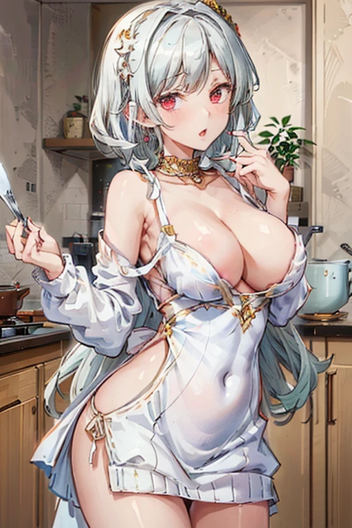 masterpiece, yor, 1girl, Amazing Cleavage:1.3, thin waist, big ass, Raised sexy, medium breast: 1.8 posed cleavage:1.2、solo, looking at viewer, open mouth, have a cup of coffee,black hair, red eyes, dress, bare shoulders, jewelry, collarbone, sidelocks, hairband, earrings, indoors, off shoulder, :o, sweater, arms behind back, plant, short hair with long locks, white hairband, off-shoulder dress, sweater dress, off-shoulder sweater, red sweater, big side hair, very long side hair,is rendered in (masterpiece: 1.2, best quality), with (ultra high resolution) and an exquisite (depth of field). This masterpiece is not only visually stunning but also tells, make of cake cooking ,in the kitchen