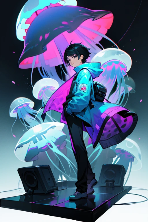 12 year old boy, black hair, grey eyes, full body, jellyfish jacket, jellyfish ray gun, Gamer, RPG, 