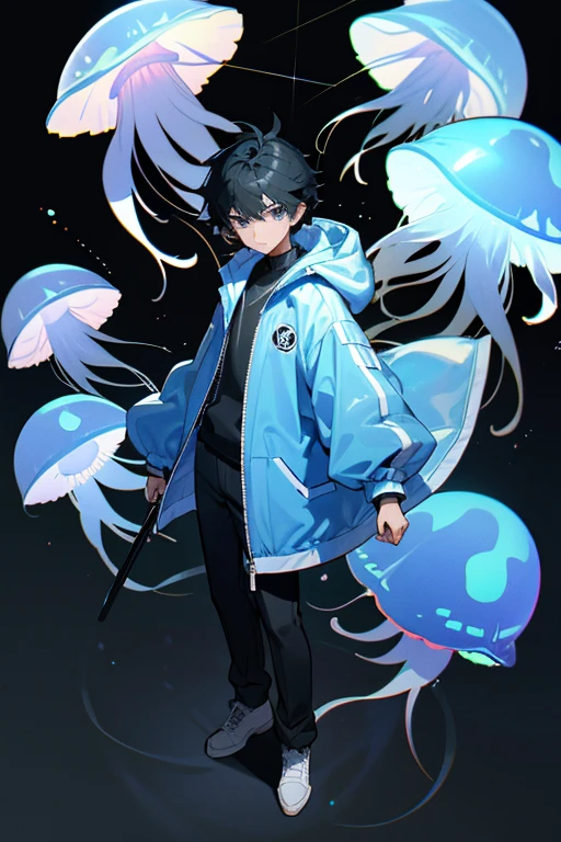 12 year old boy, black hair, grey eyes, full body, jellyfish jacket, jellyfish ray gun, Gamer, RPG,
