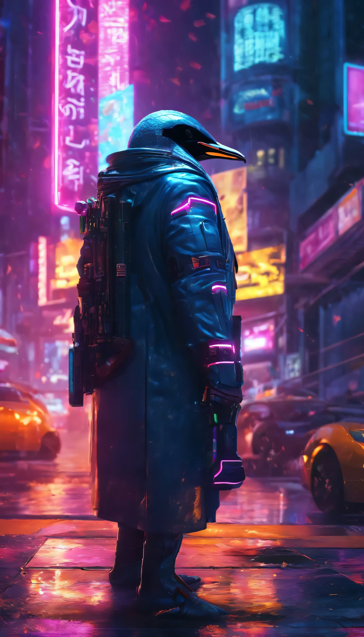 In the heart of a fallen, futuristic apocalypse city, an anthropomorphic penguin stood as a lone beacon of hope. Dressed in an armored battle suit, its gleaming white feathers contrasted the dark, grungy ruins around it. Neon lights flashed and flickered across the suit's intricate design, illuminating every nook and cranny. A weapon, equally as futuristic, was held firmly in the penguin's webbed hand. Its sleek, neon surface reflected the shattered cityscape as the penguin prepared to defend, its determined expression that of a cybernetic guardian.