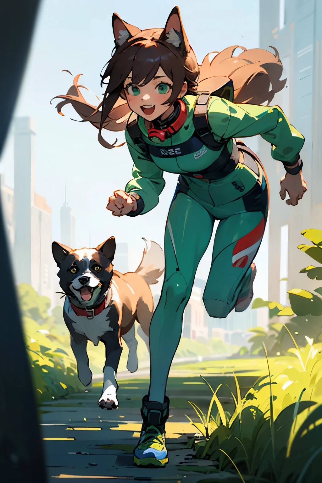 ((best quality)), ((masterpiece)), (detailed), Perfect face,Hand-painted feel,18-year-old girl,Dog with collar,Full body image,happy,In the green wilderness,Modern futuristic glass building,Sunlight,Run together