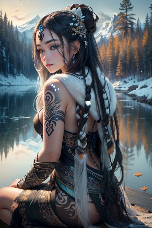 Ultra detailed digital art masterpiece, beautiful mystical tribal woman Huntergroup sitting Infront of frosty glazed lake , view from back, couple, no make up natural face , detailed rustically germanic tribal clothing, big realistic beautiful eyes, shiny eyes, ultra atmospheric details, beautiful face proportions, beautiful proportions, ultra detailed natural skin textures, complex masterpiece, beautiful proportions, wild dirty hair style, beautiful tattoos, natural special effects, complex physics, ultra realistic body proportions, enhanced colors, complimentary colors, raytracing reflections, natural couple pose , happy mimic, natural realistic positions, Ultra detailed primal freezing autumn forest background, by BoneAge , Mysterious