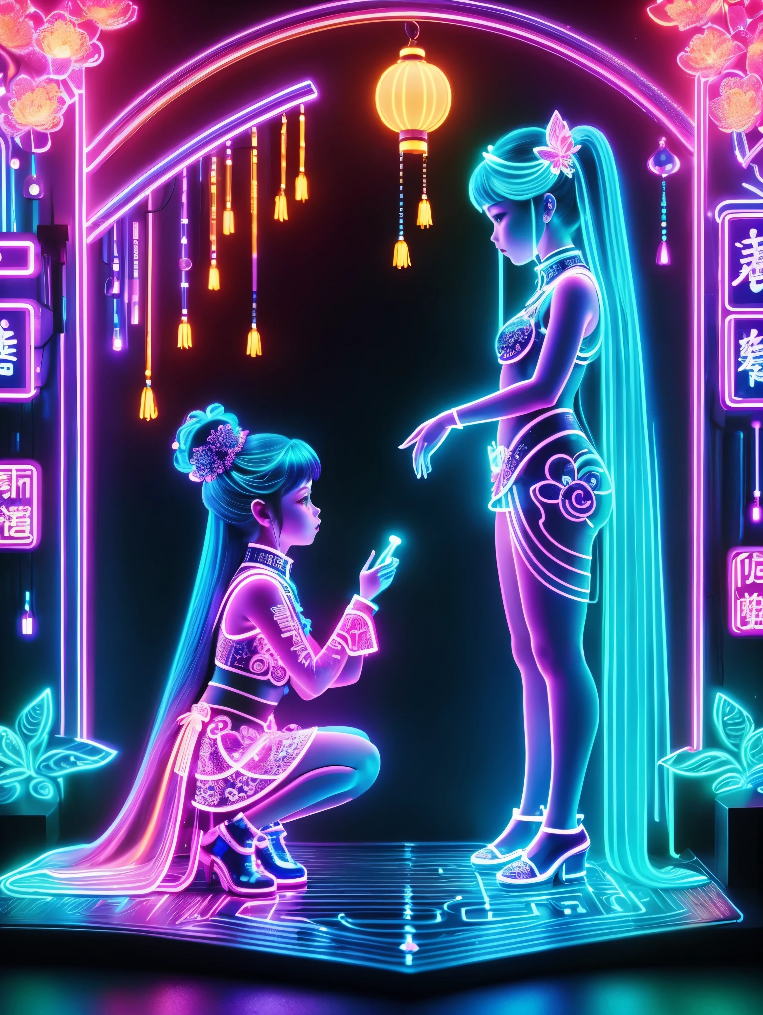 (Neon)，Circuit Board，Neon gradient light blue，Turquoise and purple artwork，(Full body rainbow image of a  princess and her mom)，(The background is black)，Chinese style，Fine lines，Clear lines，bold vibrant colours，Realistic form，shadow，perspective，(Ultra HD, masterpiece, precise, Anatomically correct, textured skin, High Detail, high quality, The award-winning, 8k), Super detailed, (1.4 times more realism)