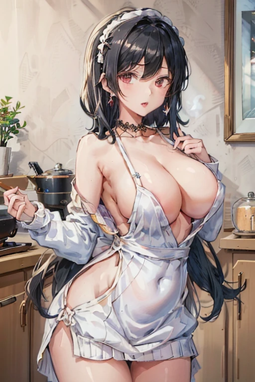 masterpiece, yor, 1girl, Amazing Cleavage:1.3, thin waist, big ass, Raised sexy, medium breast: 1.8 posed cleavage:1.2、solo, looking at viewer, open mouth, have a cup of coffee,black hair, red eyes, dress, bare shoulders, jewelry, collarbone, sidelocks, hairband, earrings, indoors, off shoulder, :o, sweater, arms behind back, plant, short hair with long locks, white hairband, off-shoulder dress, sweater dress, off-shoulder sweater, red sweater, big side hair, very long side hair,is rendered in (masterpiece: 1.2, best quality), with (ultra high resolution) and an exquisite (depth of field). This masterpiece is not only visually stunning but also tells, make of cake cooking ,in the kitchen