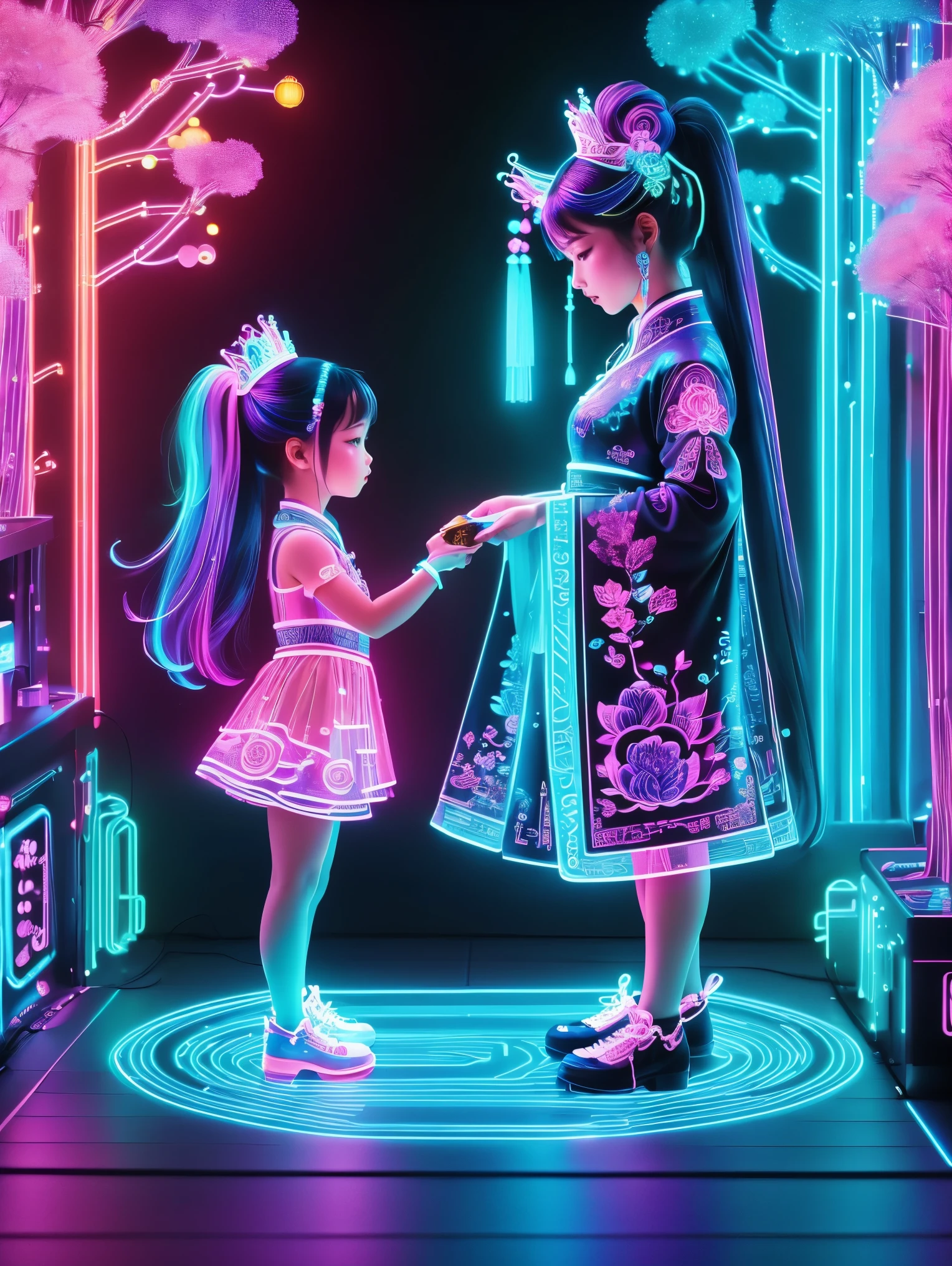 (Neon)，Circuit Board，Neon gradient light blue，Turquoise and purple artwork，(Full body rainbow image of a little princess and her mom)，(The background is black)，Chinese style，Fine lines，Clear lines，bold vibrant colours，Realistic form，shadow，perspective，(Ultra HD, masterpiece, precise, Anatomically correct, textured skin, High Detail, high quality, The award-winning, 8k), Super detailed, (1.4 times more realism)