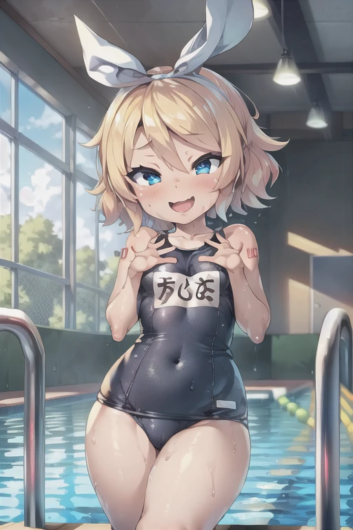 (((masterpiece))), ((highest quality)), ((Very detailed)), ((High resolution)), ((8k)), ((Anatomically correct)), ((The correct number of fingers)), One Woman, Kagamine Rin, Vocaloid, Blonde Hair, short hair, Short, Very cute woman, delicate, Charming smile, Blue eyes, Bright Eyes, Best moment, Vivid eyes, Beautiful Skin, Cute face, delicateな腕, Detailed skin texture, Intricate details, Very detailedな顔, Beautiful Eyes, Beautiful curves, View your viewers, Beautiful thighs, School Swimsuit, Indoor Pool, Sweat, Looking up, Open your mouth,