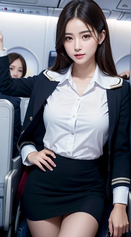 Top Quality, Masterpiece, 8K, Ultra High Definition, (Photorealistic: 1.4), 1 Girl, Beautiful Face, Symmetrical Eyes, Big, Perfect Body Proportions, Stewardess Uniform, Viewer's Look, (Inside the Airplane: 1.2), Front View, Shoulder Jump, Absolute Area (1.3),