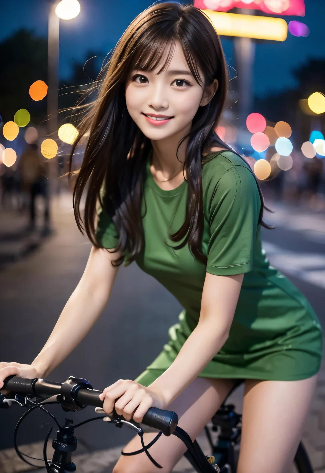 masterpiece, best quality:1.1), (8k, raw photo, photo realistic:1.2, f22), (shiny skin), detailed skin,long hair,detailed face, detailed eyes,smile,BREAK, real world, intricate details, smil, BREAK, 1girl, full body,(Green,short sleeves,dress)BREAK, (City of night,bike:1.4)