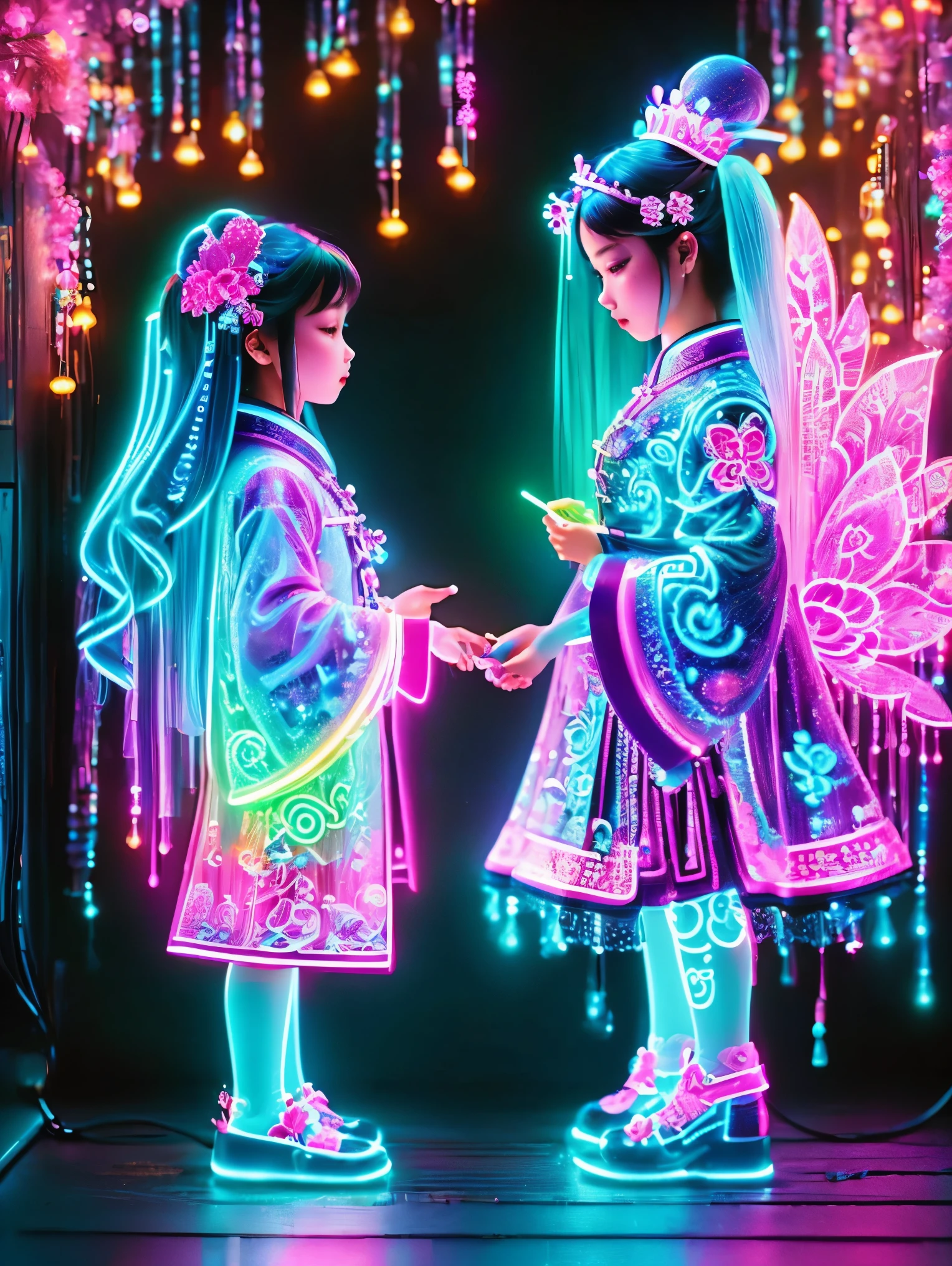 (Neon)，Circuit Board，Neon gradient light blue，Turquoise and purple artwork，(Full body rainbow image of a little princess and her mom)，(The background is black)，Chinese style，Fine lines，Clear lines，bold vibrant colours，Realistic form，shadow，perspective，(Ultra HD, masterpiece, precise, Anatomically correct, textured skin, High Detail, high quality, The award-winning, 8k), Super detailed, (1.4 times more realism)