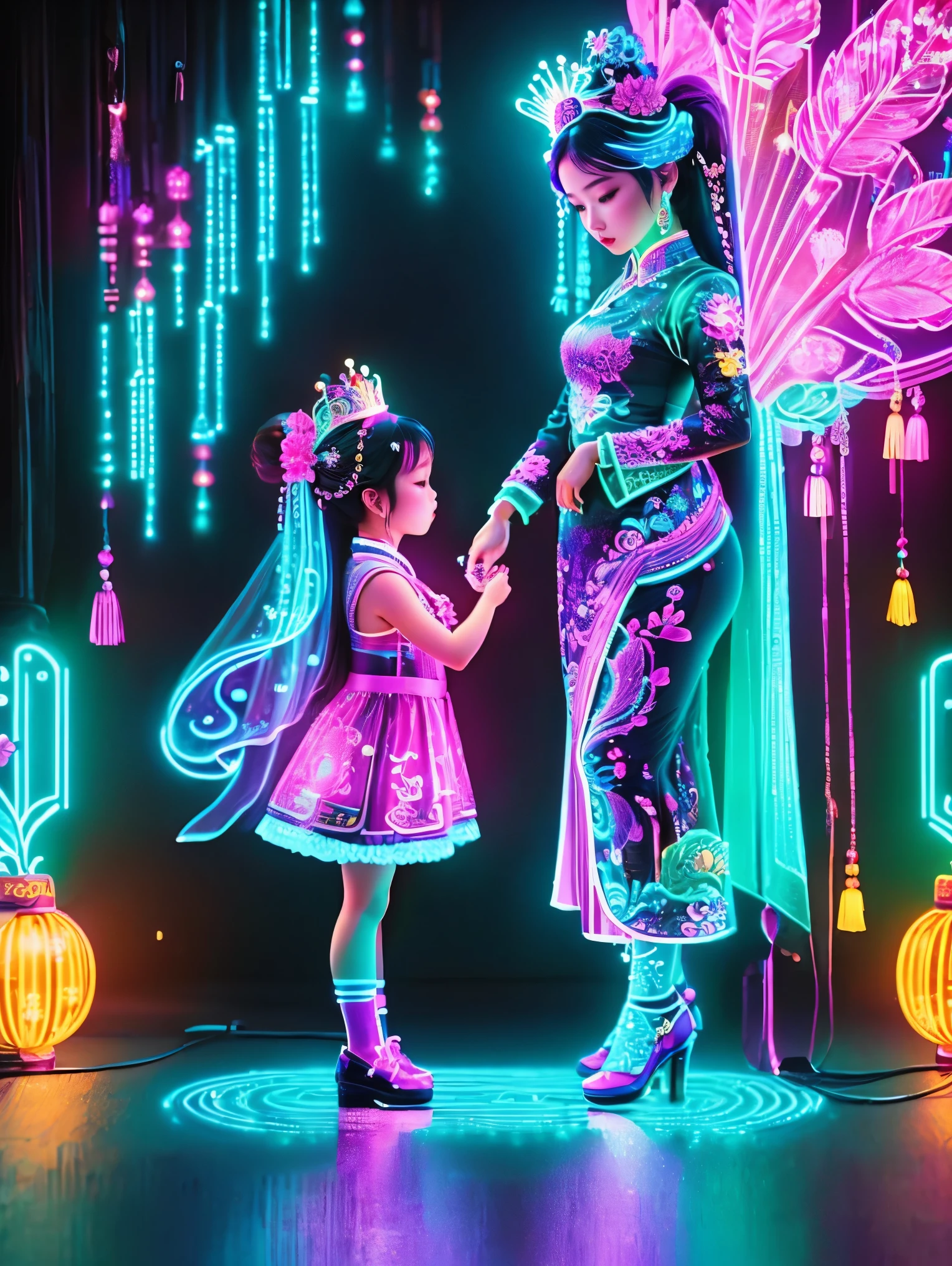 (Neon)，Circuit Board，Neon gradient light blue，Turquoise and purple artwork，(Full body rainbow image of a  princess and her mom)，(The background is black)，Chinese style，Fine lines，Clear lines，bold vibrant colours，Realistic form，shadow，perspective，(Ultra HD, masterpiece, precise, Anatomically correct, textured skin, High Detail, high quality, The award-winning, 8k), Super detailed, (1.4 times more realism)