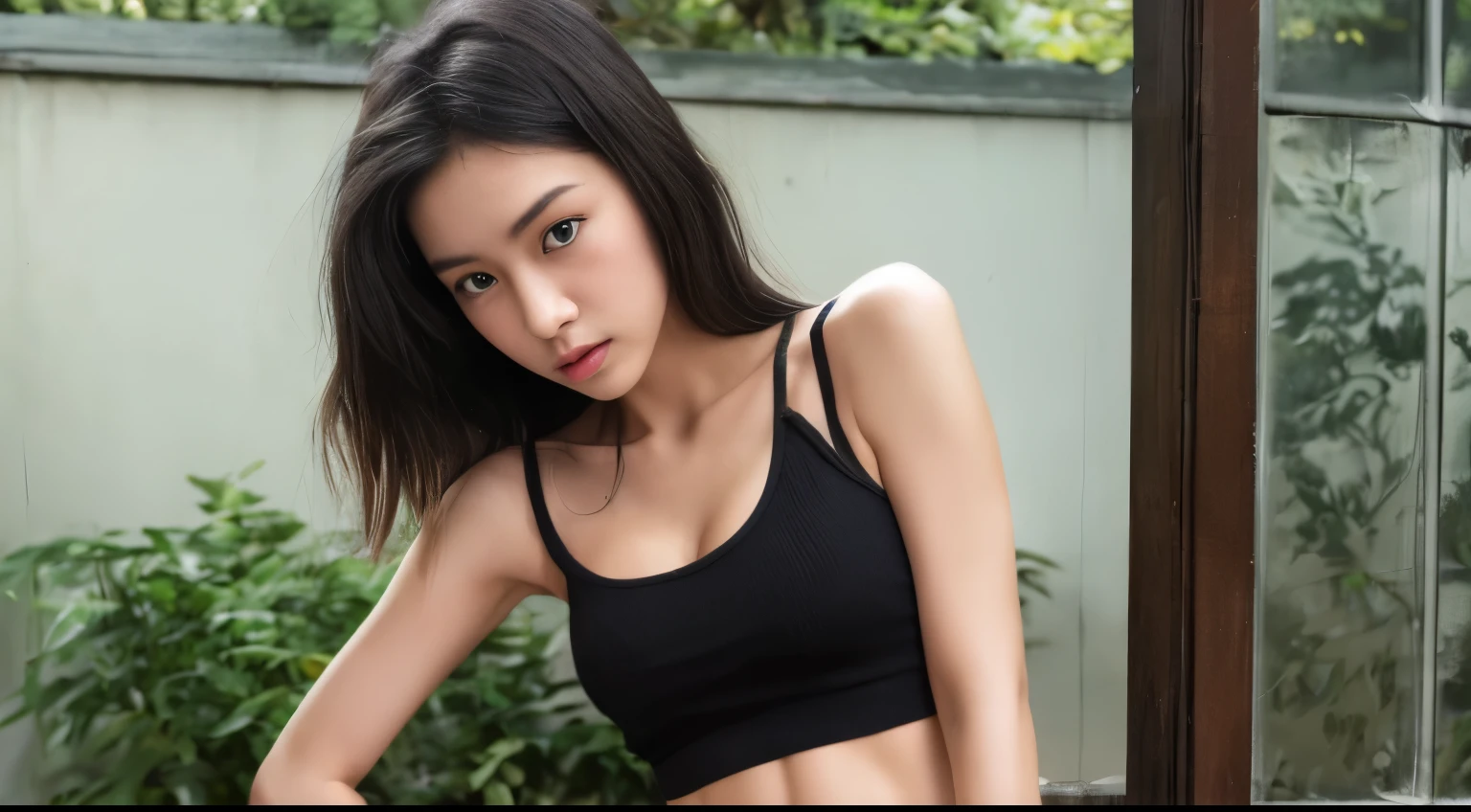 Japanese、woman、A very thin person、The body of a gritty、Holding back the stomach、Tank top、40s、Show the whole body、morbidly thin