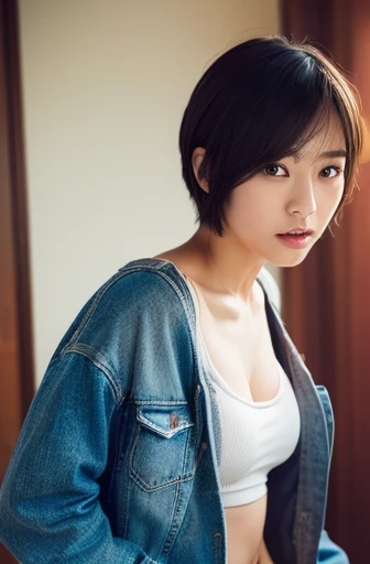 (8k, Realistic:1.4, RAW Photos, Best image quality: 1.4), 30 year old Japanese Female, Cleavage: 1.4, Matching Breasts, Boyish Woman, Sporty Short Haircut, Wearing Casual Off the Shoulder Jacket, Shoulders Out, Dark Room, Sleepy