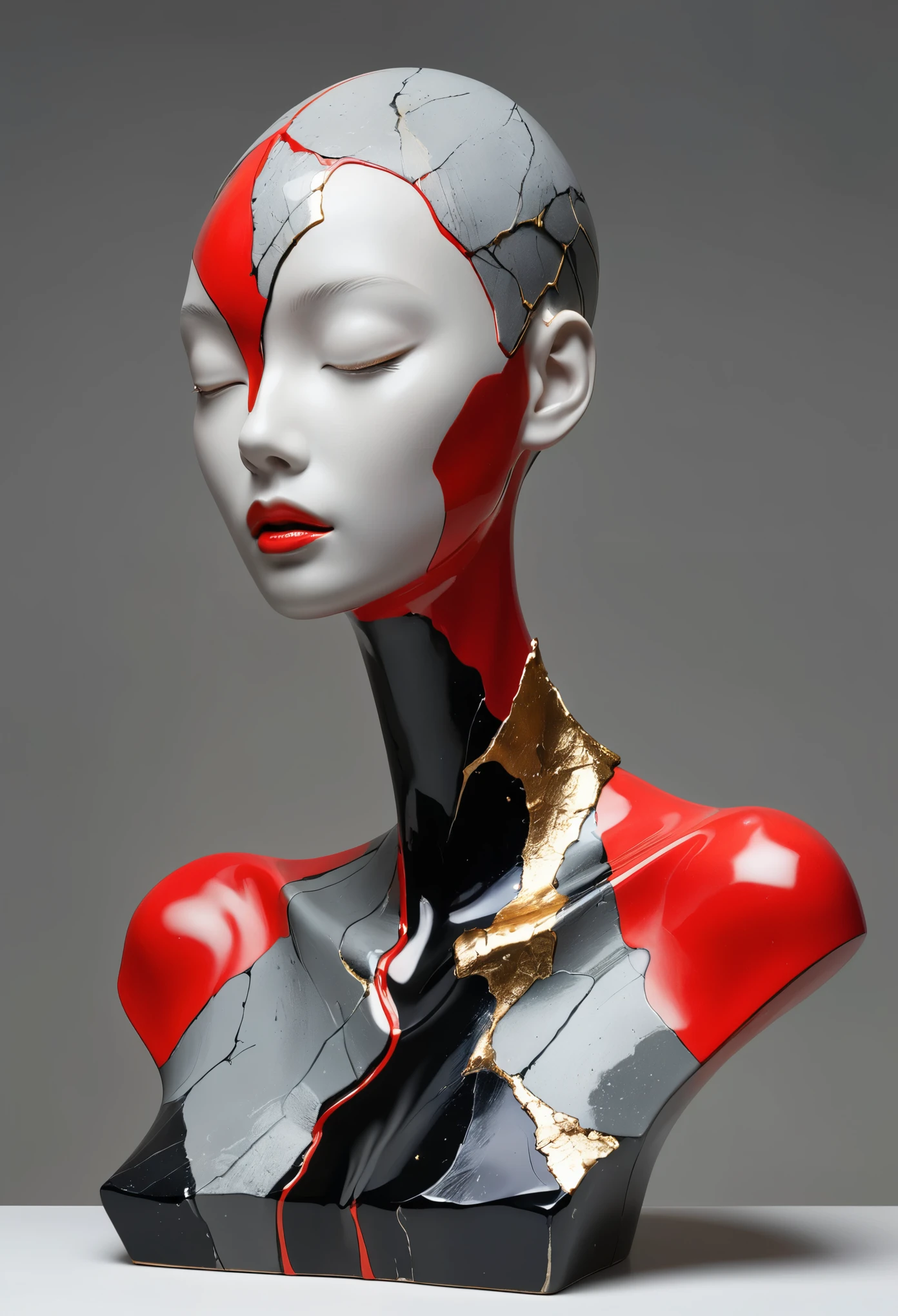 ((exhibit，Still Life Table，Artistic statues，3D Sculpture，ceramics，Surface cracks，Shattered Texture)), grace，Slender neck，Show the beauty of nature.Black and red theme，Red coral，Artistic Creativity：1.37.Kaneko，Golden powder， This artwork is presented on a grey background，Emphasize its artistic quality.Ray Tracing
