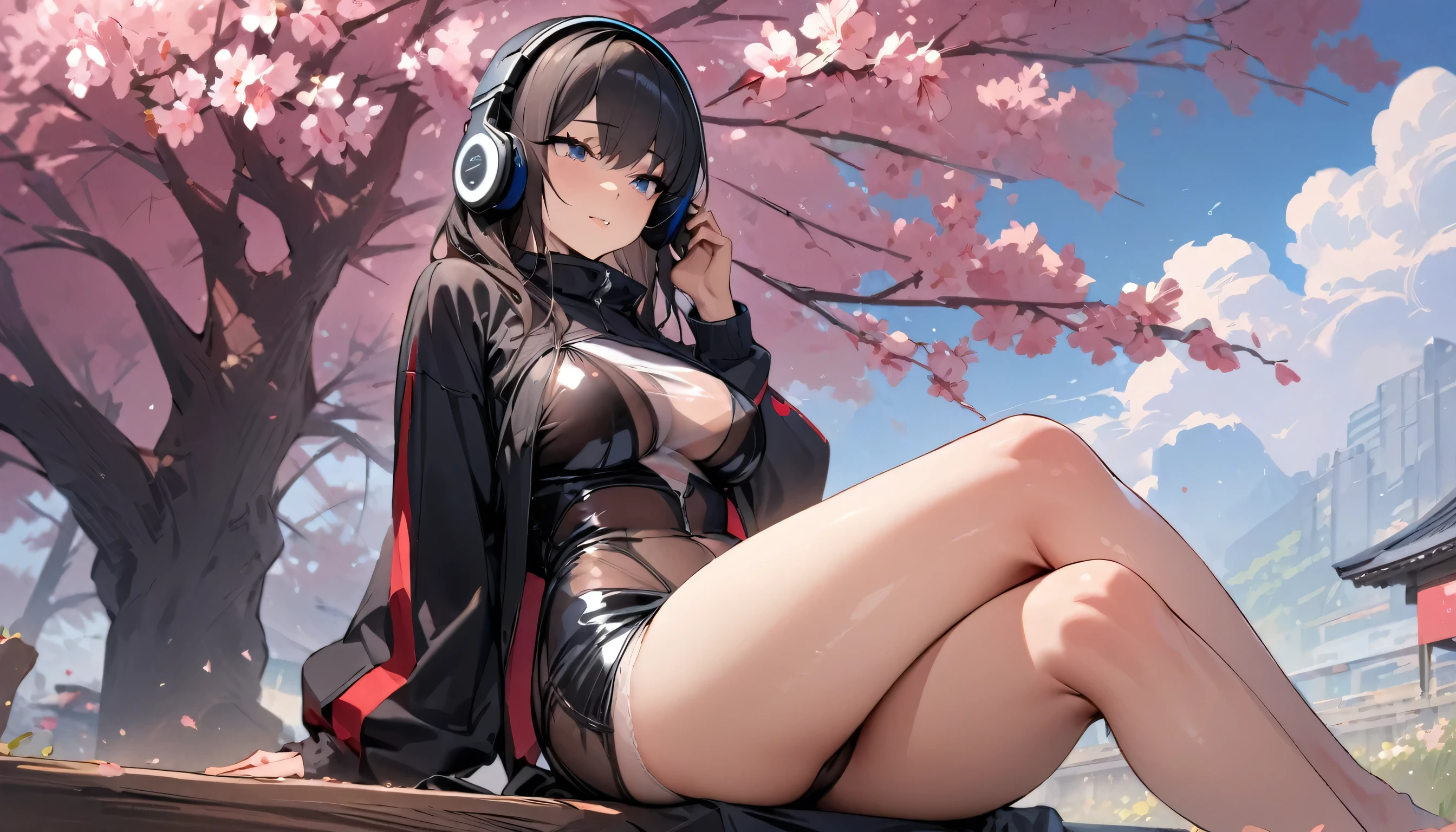 (Top quality)), ((Masterpiece)), (Details), perfect face, sitting under a cherry tree, listening to music, a woman, wearing headphones, wearing underwear, underwear is transparent, sitting with legs wide open, wearing tight clothes, showing butt and breasts
