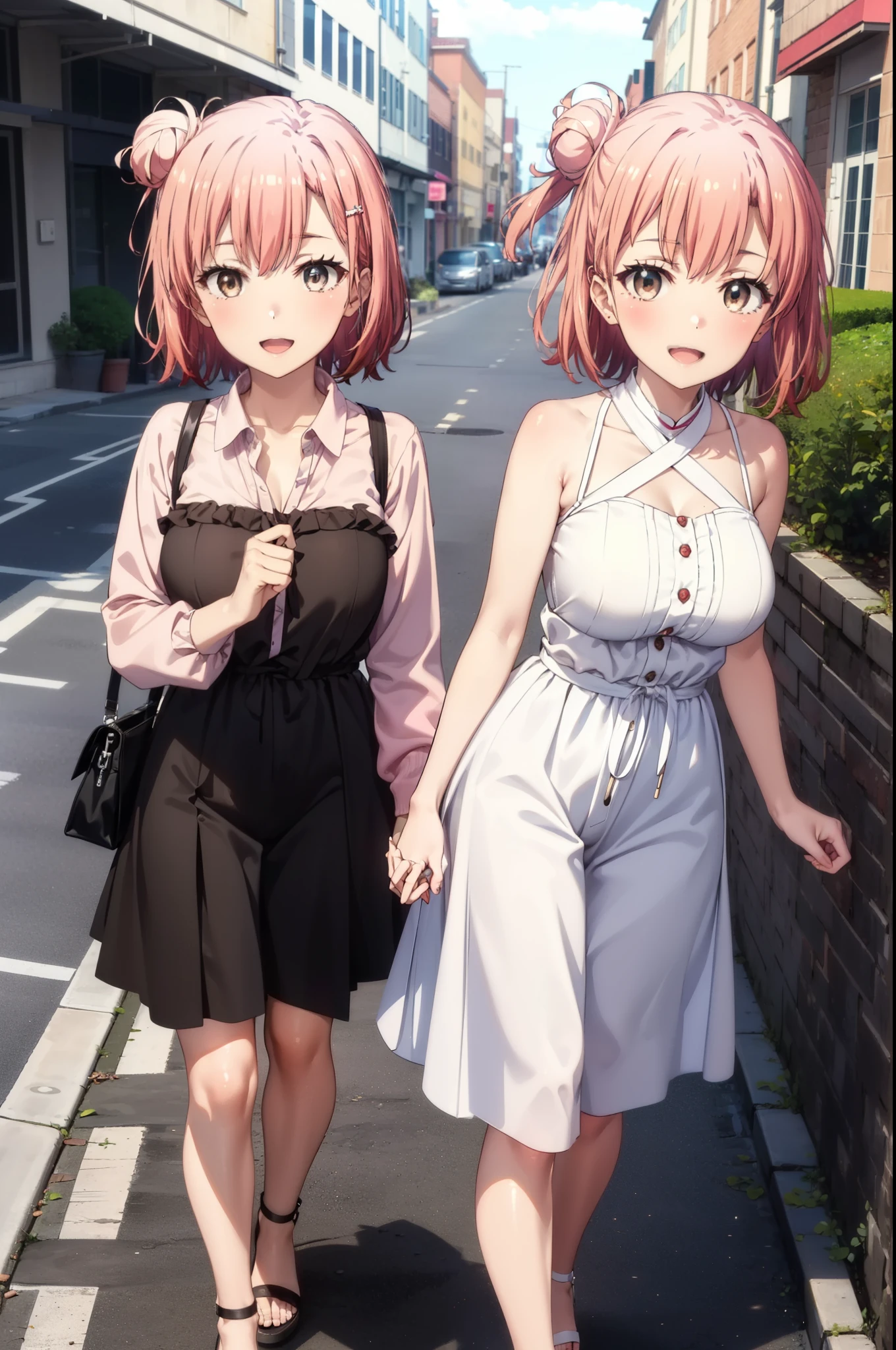 yuiyuigahama, yui yuigahama, short hair, (Brown eyes:1.5), (Pink Hair:1.2), Hair Bun, single Hair Bun, smile, (Big Breasts:1.2),happy smile, smile, Open your mouth,
, Sleeveless pink dress,Pink long skirt,Cute Sandals,walking,Real Summer,Daytime,sunny,whole bodyがイラストの中に入っていくように,
break outdoors ,School School building, break looking at viewer, whole body,
break (masterpiece:1.2), highest quality, High resolution, unity 8k wallpaper, (shape:0.8), (Beautiful and beautiful eyes:1.6), Highly detailed face, Perfect lighting, Highly detailed CG, (Perfect hands, Perfect Anatomy),