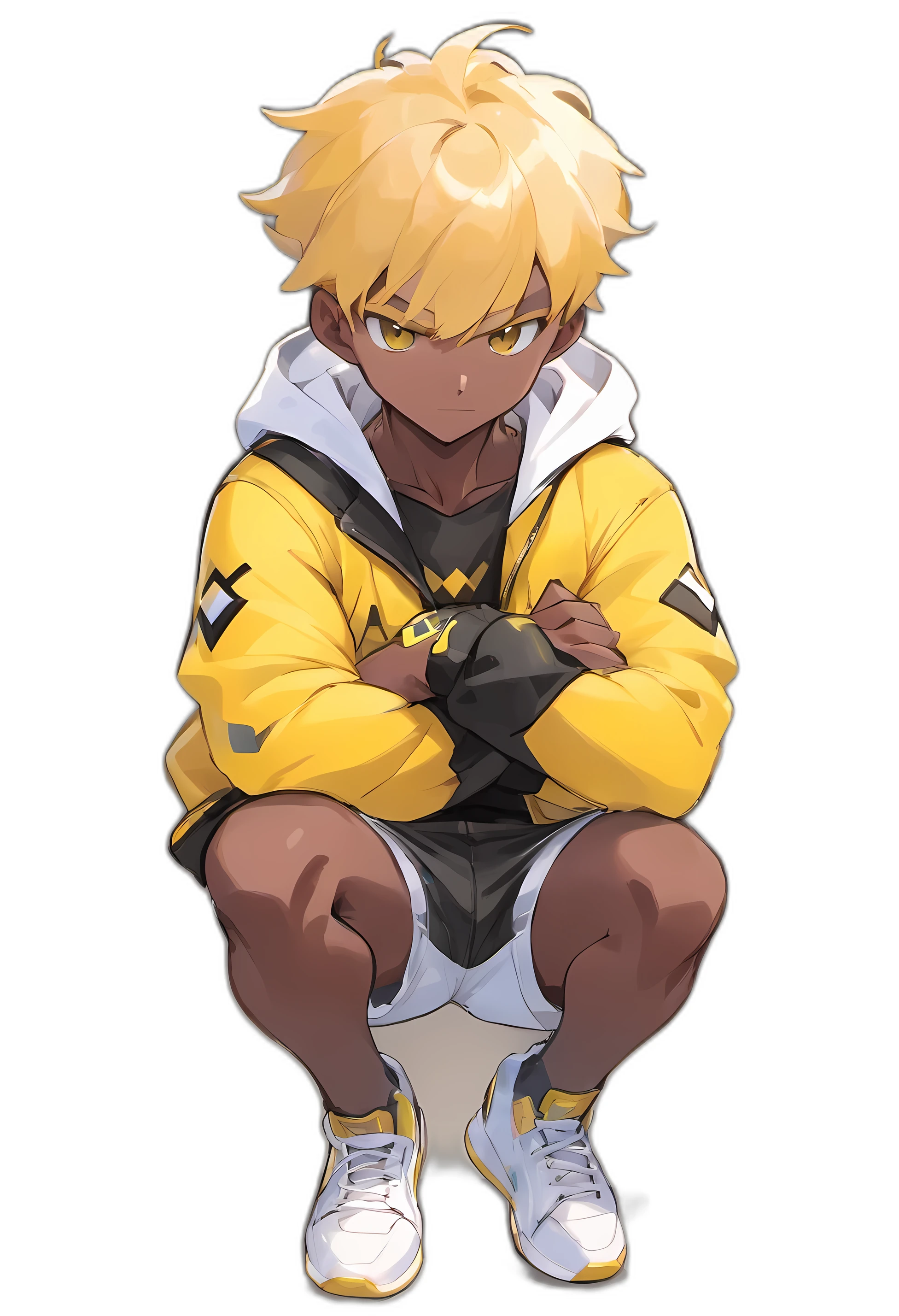 Solo Male, Dark Skin, Buzz Cut, Yellow Hair, Brown Eyes, Crossed Arms, Black Pokemon Trainer Jacket, White Short Pants, White Sneaker, Adult, Muscular 