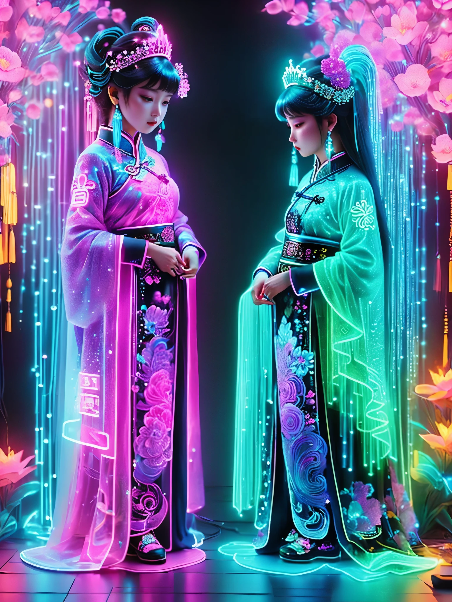 (Neon)，Circuit Board，Neon gradient light blue，Turquoise and purple artwork，(Full body rainbow image of a  princess and her mom)，(The background is black)，Chinese style，Fine lines，Clear lines，bold vibrant colours，Realistic form，shadow，perspective，(Ultra HD, masterpiece, precise, Anatomically correct, textured skin, High Detail, high quality, The award-winning, 8k), Super detailed, (1.4 times more realism)