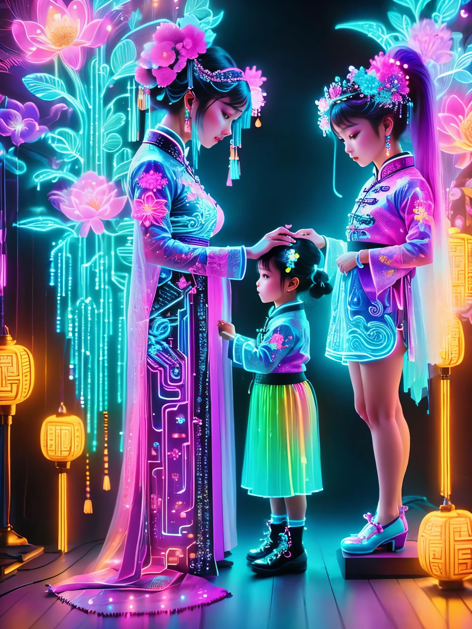 (Neon)，Circuit Board，Neon gradient light blue，Turquoise and purple artwork，(Full body rainbow image of a little princess and her mom)，(The background is black)，Chinese style，Fine lines，Clear lines，bold vibrant colours，Realistic form，shadow，perspective，(Ultra HD, masterpiece, precise, Anatomically correct, textured skin, High Detail, high quality, The award-winning, 8k), Super detailed, (1.4 times more realism)