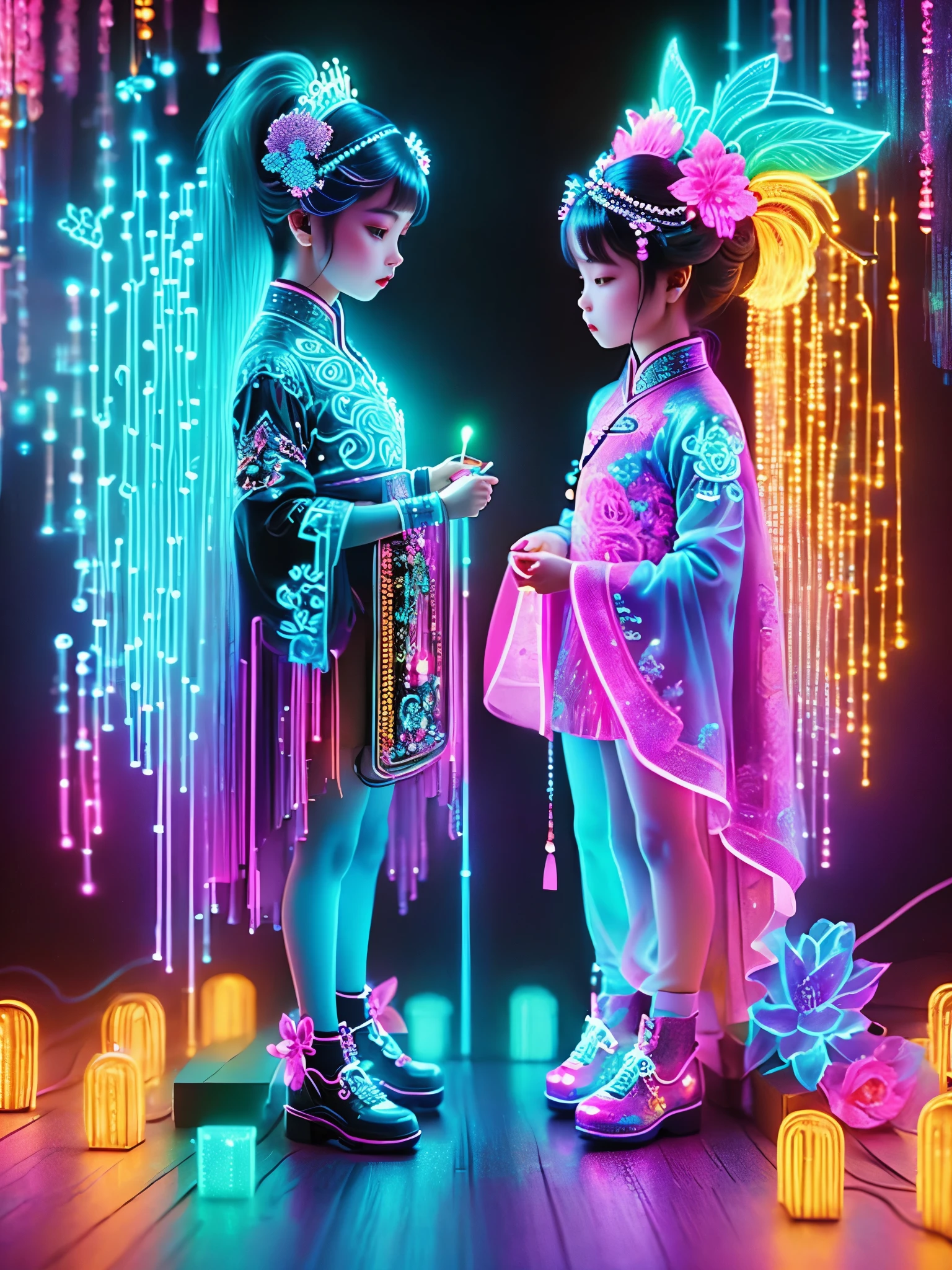 (Neon)，Circuit Board，Neon gradient light blue，Turquoise and purple artwork，(Full body rainbow image of a little princess and her mom)，(The background is black)，Chinese style，Fine lines，Clear lines，bold vibrant colours，Realistic form，shadow，perspective，(Ultra HD, masterpiece, precise, Anatomically correct, textured skin, High Detail, high quality, The award-winning, 8k), Super detailed, (1.4 times more realism)