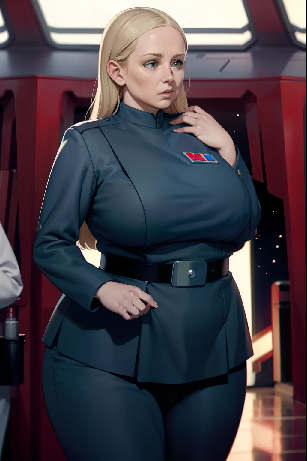 1woman, officer, too tight Imperial uniform. star wars, chubby, fat, ashamed. overweight, long blond hair. big breasts. obese. good lighting. tight uniform.  adult. 