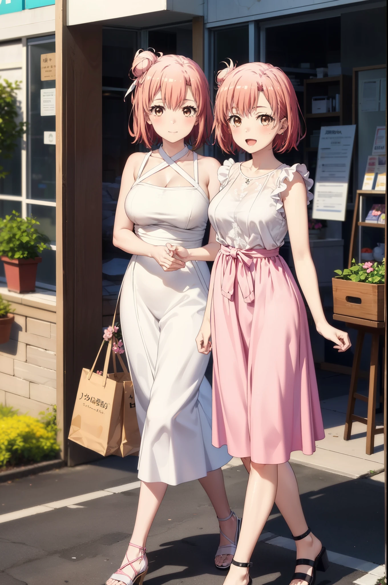 yuiyuigahama, yui yuigahama, short hair, (Brown eyes:1.5), (Pink Hair:1.2), Hair Bun, single Hair Bun, smile, (Big Breasts:1.2),happy smile, smile, Open your mouth,
, Sleeveless pink dress,Pink long skirt,Cute Sandals,walking,Real Summer,Daytime,sunny,whole bodyがイラストの中に入っていくように,
break outdoors ,In town,Building district,　　　　　　　　　　　　　　　break looking at viewer, whole body,
break (masterpiece:1.2), highest quality, High resolution, unity 8k wallpaper, (shape:0.8), (Beautiful and beautiful eyes:1.6), Highly detailed face, Perfect lighting, Highly detailed CG, (Perfect hands, Perfect Anatomy),