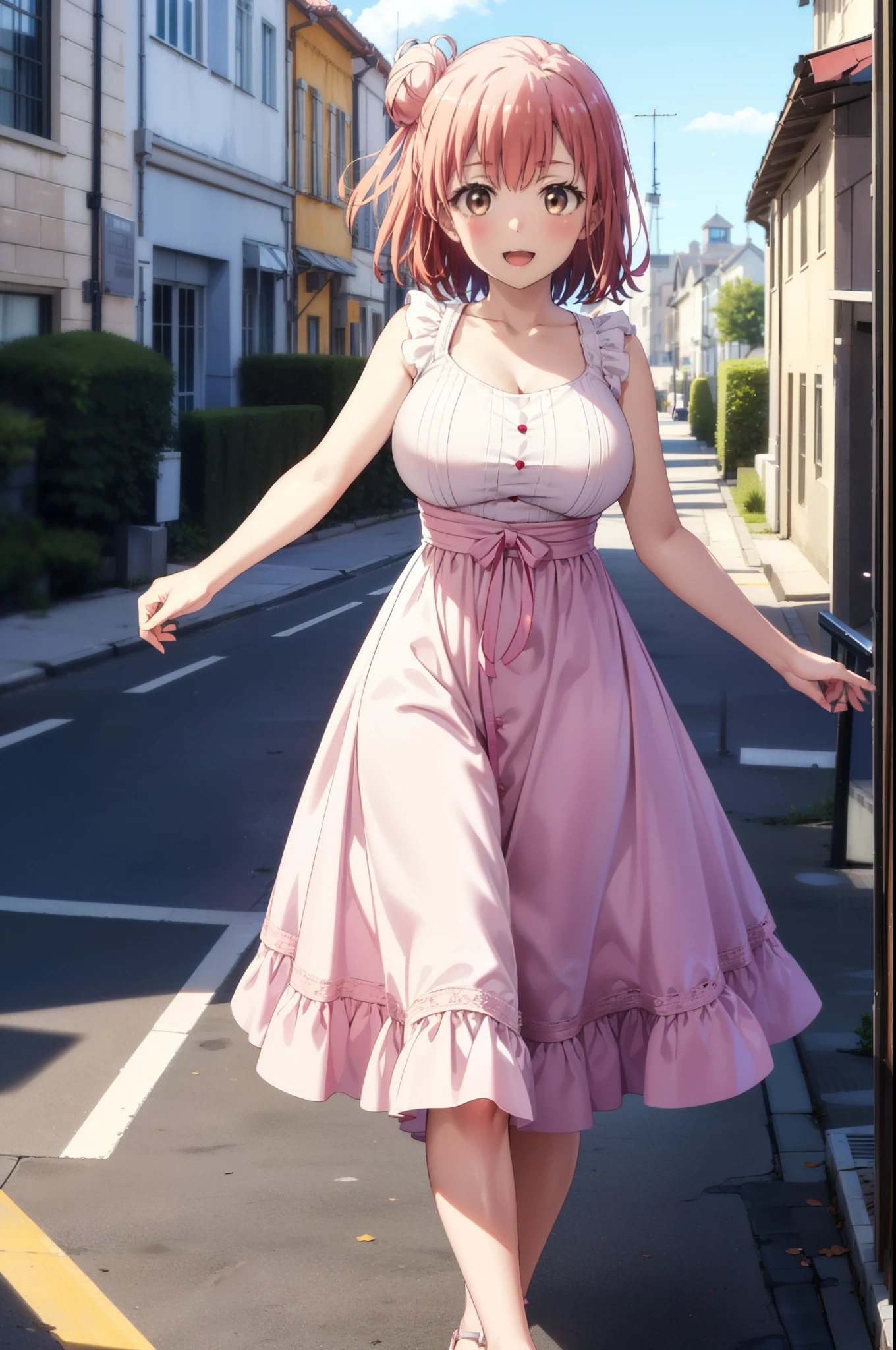 yuiyuigahama, yui yuigahama, short hair, (Brown eyes:1.5), (Pink Hair:1.2), Hair Bun, single Hair Bun, smile, (Big Breasts:1.2),happy smile, smile, Open your mouth,
, Sleeveless pink dress,Pink long skirt,Cute Sandals,walking,Real Summer,Daytime,sunny,whole bodyがイラストの中に入っていくように,
break outdoors ,In town,Building district,　　　　　　　　　　　　　　　break looking at viewer, whole body,
break (masterpiece:1.2), highest quality, High resolution, unity 8k wallpaper, (shape:0.8), (Beautiful and beautiful eyes:1.6), Highly detailed face, Perfect lighting, Highly detailed CG, (Perfect hands, Perfect Anatomy),