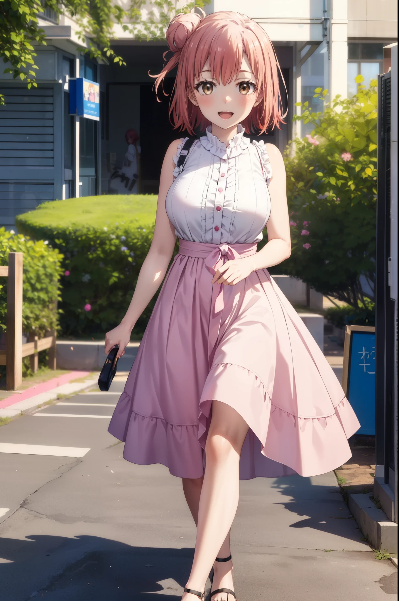 yuiyuigahama, yui yuigahama, short hair, (Brown eyes:1.5), (Pink Hair:1.2), Hair Bun, single Hair Bun, smile, (Big Breasts:1.2),happy smile, smile, Open your mouth,
, Sleeveless pink dress,Pink long skirt,Cute Sandals,walking,Real Summer,Daytime,sunny,whole bodyがイラストの中に入っていくように,
break outdoors ,In town,Building district,　　　　　　　　　　　　　　　break looking at viewer, whole body,
break (masterpiece:1.2), highest quality, High resolution, unity 8k wallpaper, (shape:0.8), (Beautiful and beautiful eyes:1.6), Highly detailed face, Perfect lighting, Highly detailed CG, (Perfect hands, Perfect Anatomy),