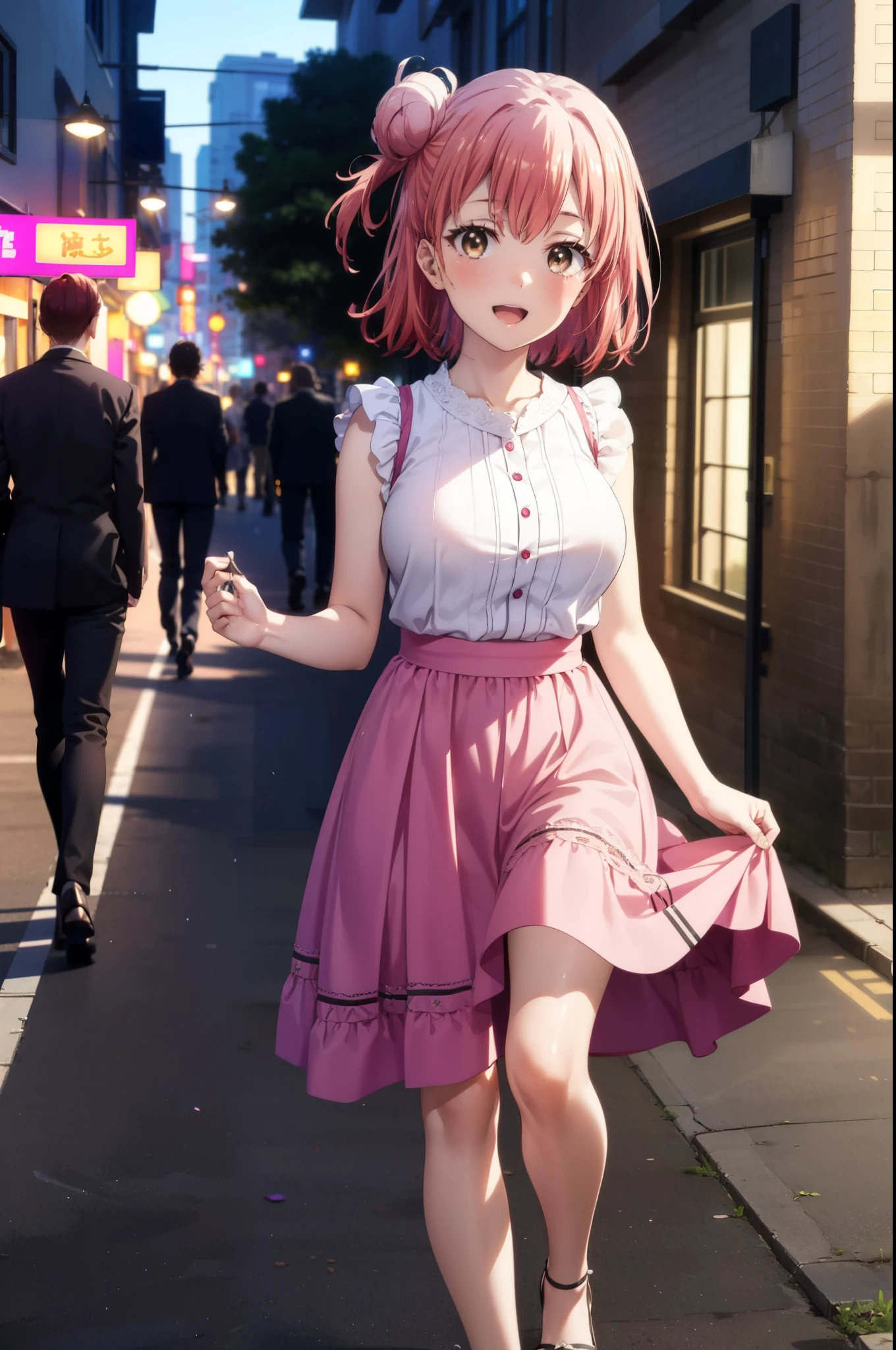 yuiyuigahama, yui yuigahama, short hair, (Brown eyes:1.5), (Pink Hair:1.2), Hair Bun, single Hair Bun, smile, (Big Breasts:1.2),happy smile, smile, Open your mouth,
, Sleeveless pink dress,Pink long skirt,Cute Sandals,walking,Real Summer,Daytime,sunny,whole bodyがイラストの中に入っていくように,
break outdoors ,In town,Building district,　　　　　　　　　　　　　　　break looking at viewer, whole body,
break (masterpiece:1.2), highest quality, High resolution, unity 8k wallpaper, (shape:0.8), (Beautiful and beautiful eyes:1.6), Highly detailed face, Perfect lighting, Highly detailed CG, (Perfect hands, Perfect Anatomy),